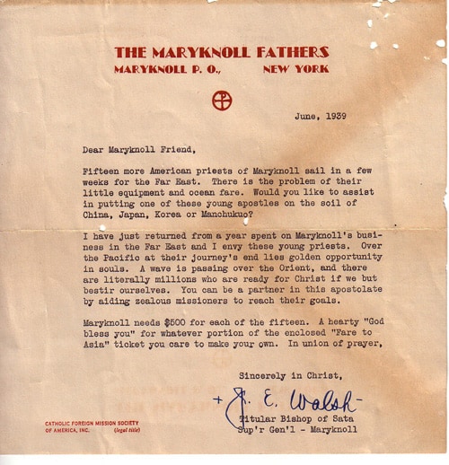 Maryknoll 1939 Fundraising Letter